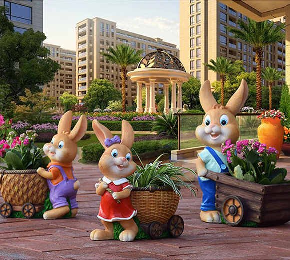 鸿日光辉 园林景观雕塑小品卡通兔子花缸户外花园庭院装饰树脂花盆创意摆件 18018-1