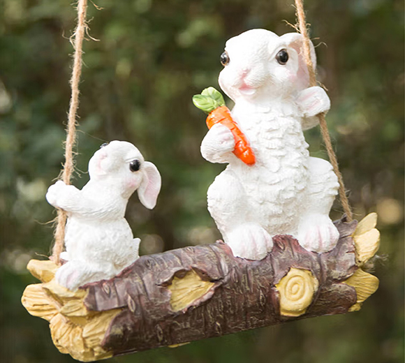 花园庭院装饰树脂小动物工艺品萌可爱仿真吊饰挂饰花园兔子摆件 秋千双白兔