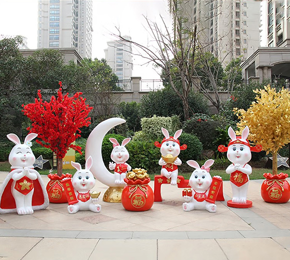 金福喜 春节卡通兔子雕塑兔年吉祥物玻璃钢大摆件售楼处小区商场美陈装饰