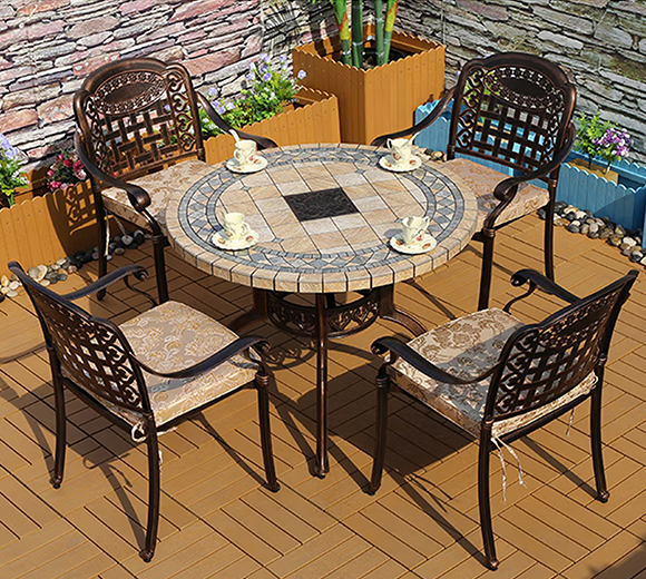 御藤美家 户外铸铝桌椅组合室外庭院家具铁艺休闲花园阳台桌椅三五件套 4号一桌四椅（配90cm铝边框瓷砖方桌）