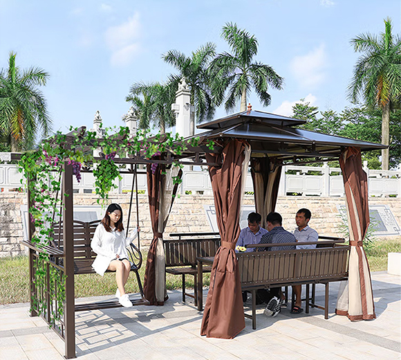 庭院葡萄架户外遮阳棚凉亭防腐木花架花园秋千别墅摇椅帐篷 【2.5*2.5m】凉亭+双人吊椅+桌子+三面坐板